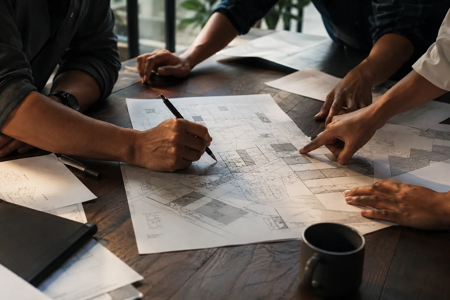 A boardroom mid-discussion, plans spread the length of a dark table between the people reading them.