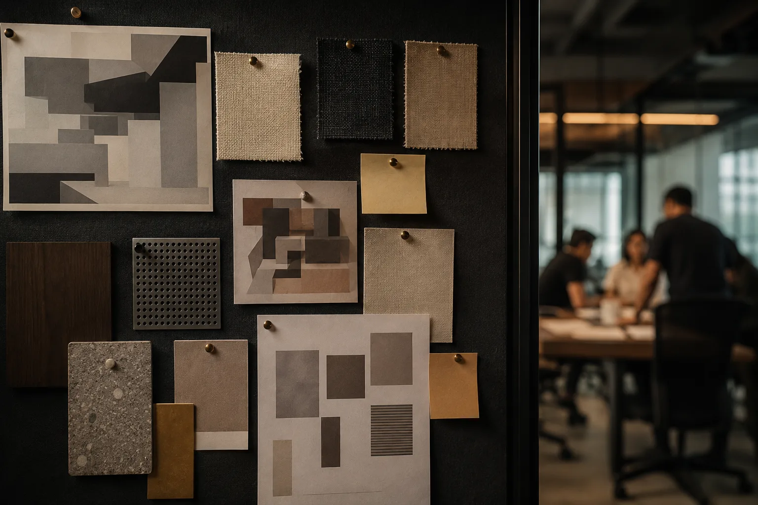 A product studio after hours, a row of lit working pods along one wall, with a team reviewing a model at the nearest table.