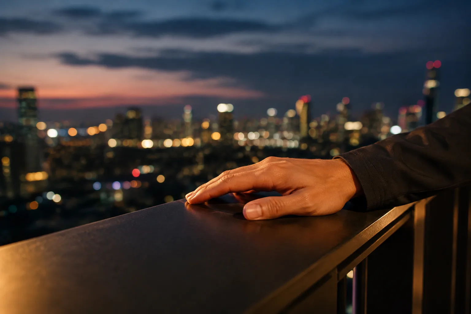 A rooftop parapet at blue hour, four colleagues looking out over the Metro Manila skyline.